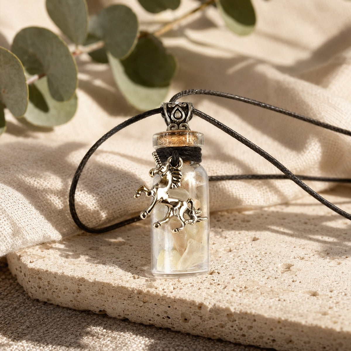 Moonstone Chip Bottle Necklace with Unicorn Charm